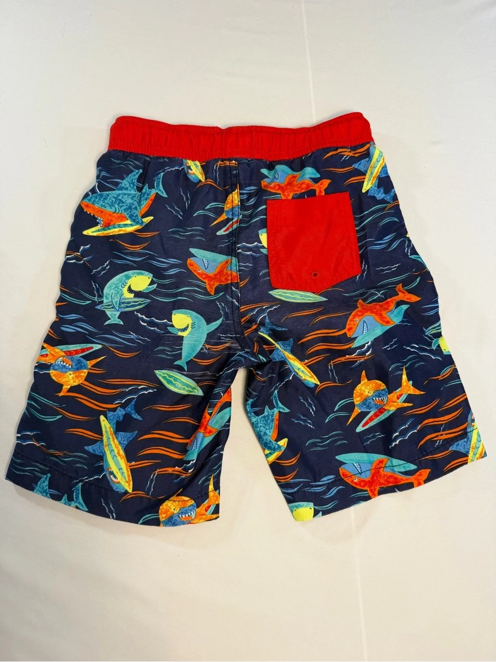 Lands' End Navy Swim Shorts with Red Waistband and Multicolor Shark Print